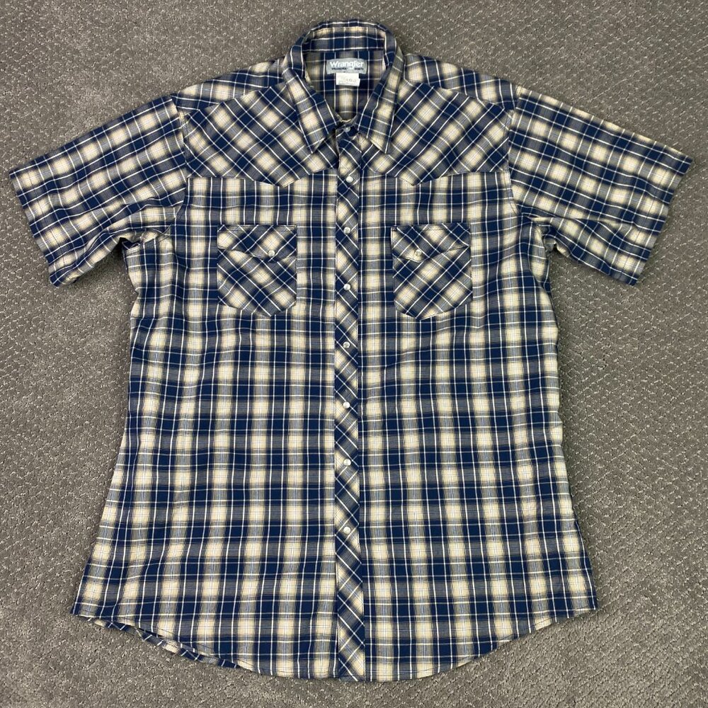 Wrangler Pearl Snap Shirt Men's XLT Blue Yellow Plaid Short Sleeve Western check